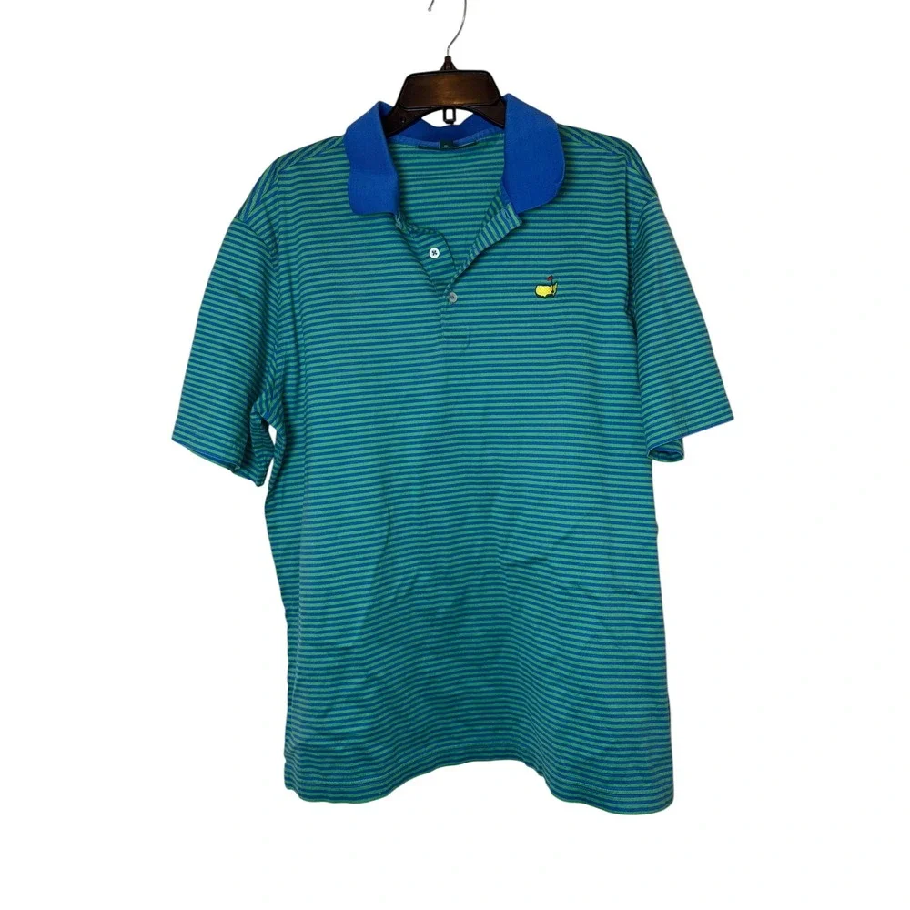 Masters Collection Mens XL Golf Polo Shirt Green Blue Striped Logo Short Sleeve